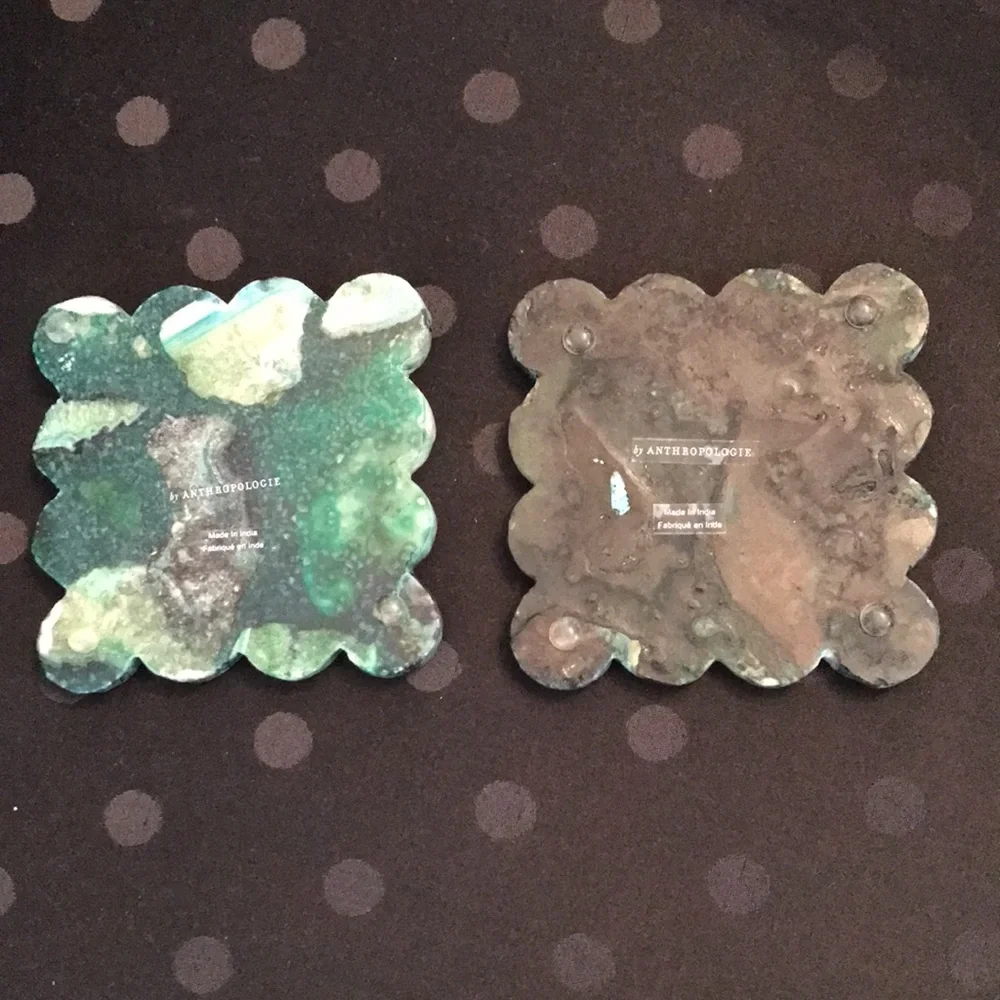 Anthropologie Green and Cream Decorative Stone (Marble Geode Look) Coasters